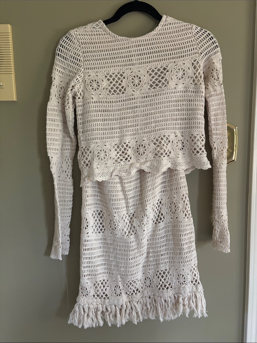 Aqua Cream Crochet Long-Sleeve Dress Set with Fringe